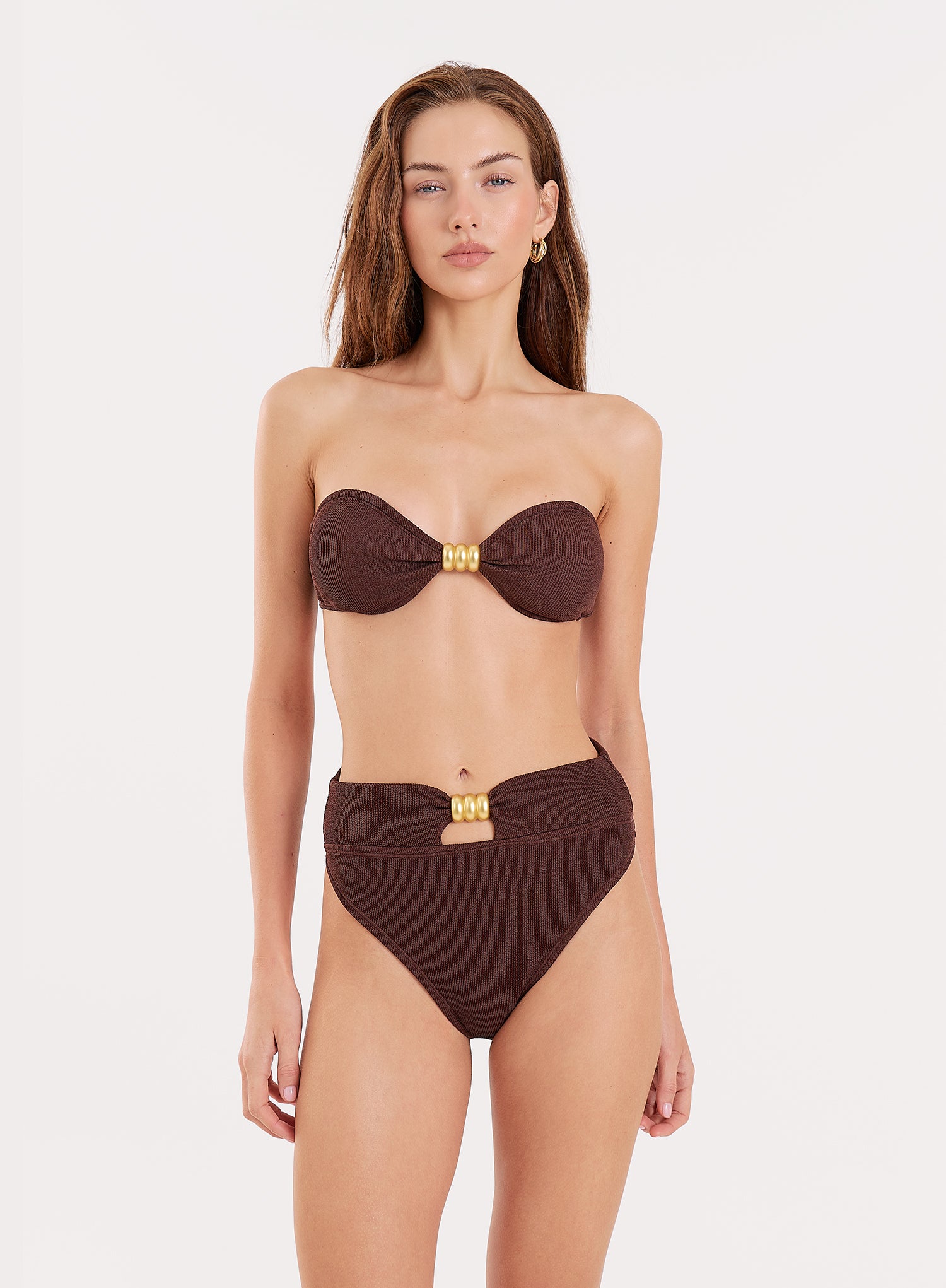 Chocolate Crinkle Gold Buckle High Waisted Bikini Bottoms
